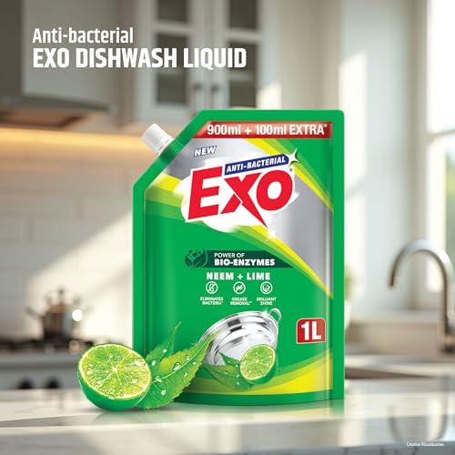 Image of Exo Dishwash Liquid Refill Pack | Neem & Lime | Tough Grease Removal for Utensils | Anti-Bacterial Dishwashing Liquid | Bio-Enzyme Liquid Dishwash | No Residue Cleaning - 1L
