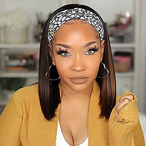 Short Bob Headband Wig for Women Straight Bob Wigs None Lace Front Highlights Brown Wig Natural Looking Synthetic Short Bob Headband Wig for Daily Party Use 8 inch