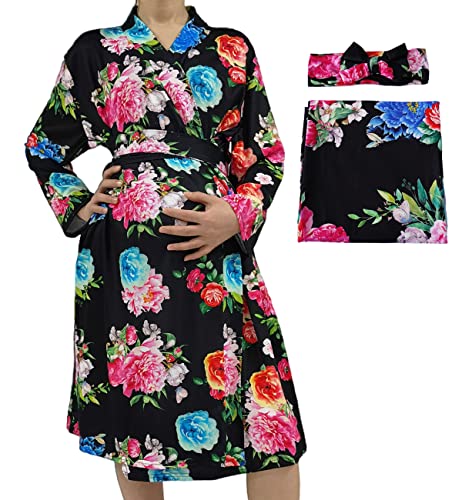 Image of SUFEINI Maternity Robe and Matching Baby Swaddle Blanket Set, Mommy Robe with Receiving Blanket Girls Boys Sleepwear