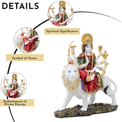 Image of ARMONIA Goddess Durga Dust Marble Finish Figurine with Lion | Hindu Sherawali MATA Murti | Durga Maa Idol for Pooja Mandir & Puja Room | Traditional Hindu Statue for Home Decor & Gifting | H- 25 cm