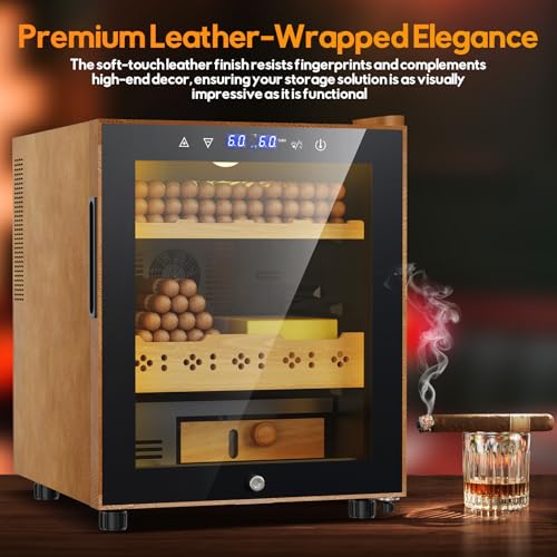 Image of 50L Upgraded Electric Humidor with Leather, 300 Counts Large Capacity,Thermostatic Electric Cooler Cabinet with Digital LED Screen, Safety Lock,Smart Humidity & Temp Control, Gifts for Men