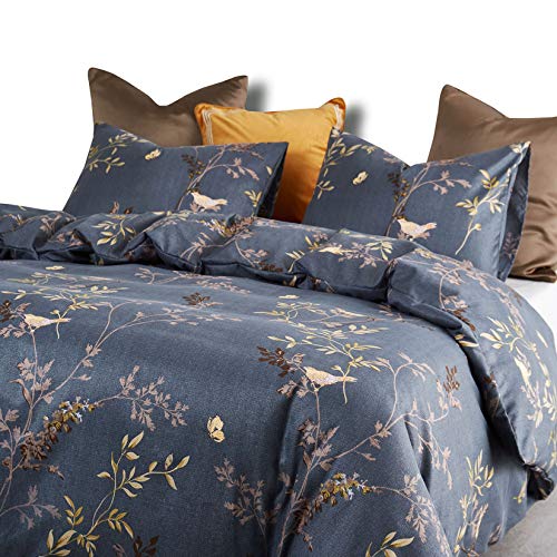 Wake In Cloud - Gray Comforter Set, Birds Floral Flowers Leaves Pattern Printed On Dark Grey, Soft Microfiber Bedding (3Pcs, Queen Size) #TOP2