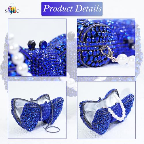Image of Handmade Inlay Rhinestone Bow Clutch Bag for Women, Sparkling Evening Party Wedding Purse with Detachable Pearl Chain