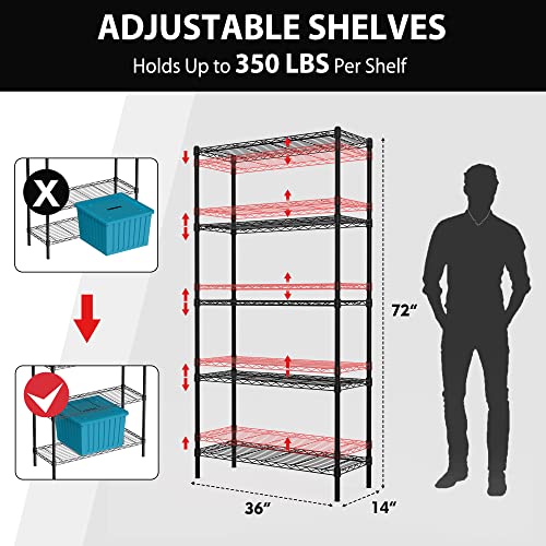 Image of WORKPRO 5-Tier Wire Shelving Unit, 36 inchW x 14 inchD x 72 inchH Metal Storage Shelves Rack, Heavy Duty Utility Shelving, 1750 LBS Load Capacity (Total), Kitchen, Living Room, Basement, Garage