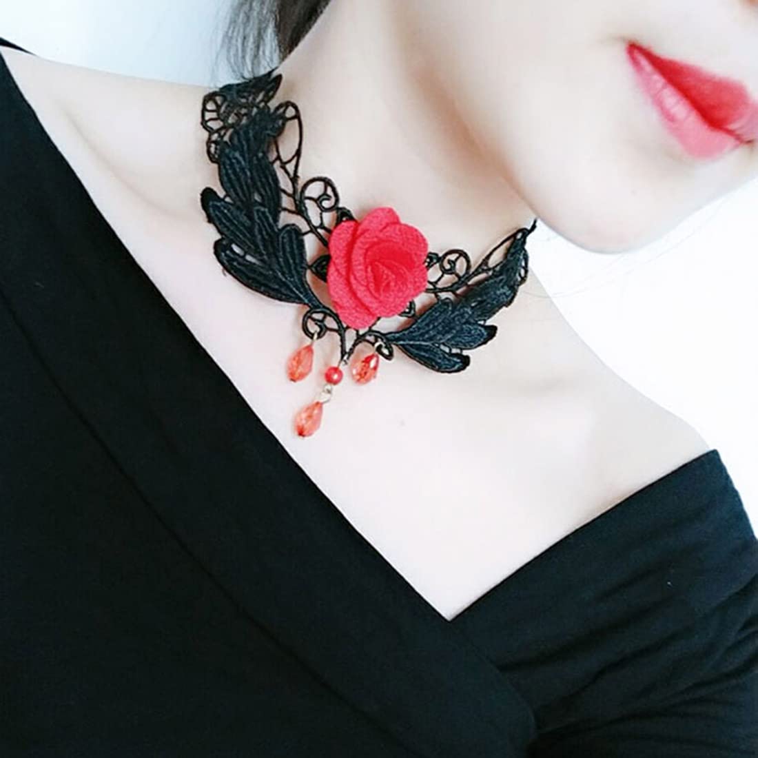Collana Choker Gotica Punk In Pizzo Con Pendente Rosa E Cristalli Nero/Rosso - Gioiello Vintage Per Halloween, Festa, Outfit Quotidiano, Regalo Per Lei - 3