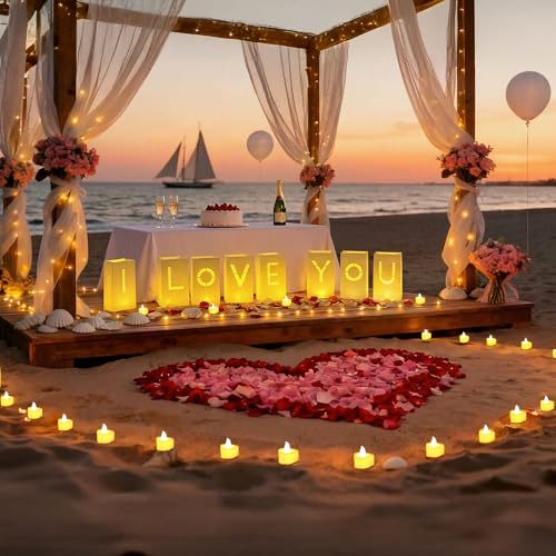 Image of Valentines Day Decorations, Special Night Romantic Decorations - I Love You Light Up Letters Luminary Bags with Bright Flameless Tea Candles and Fake Rose Petals, Happy Anniversary