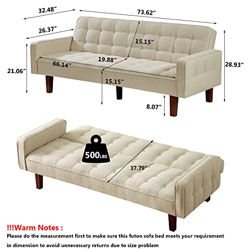 Setawix Linen Futon Sofa Couch Bed Button Tufted Convertible Sleeper Sofa Beds Reclining Armed 3 Seater Sofas Couches For Living Room Bedroom Apartment Small Spaces (Beige) #TOP1
