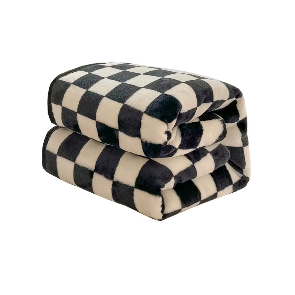 HOLY HONEY Checkerboard Style Blanket Throw Soft and Cozy Flannel Throw for Bed Couch All-Season Bedding Bedspread Flat Sheet (Black, 80"x 60")