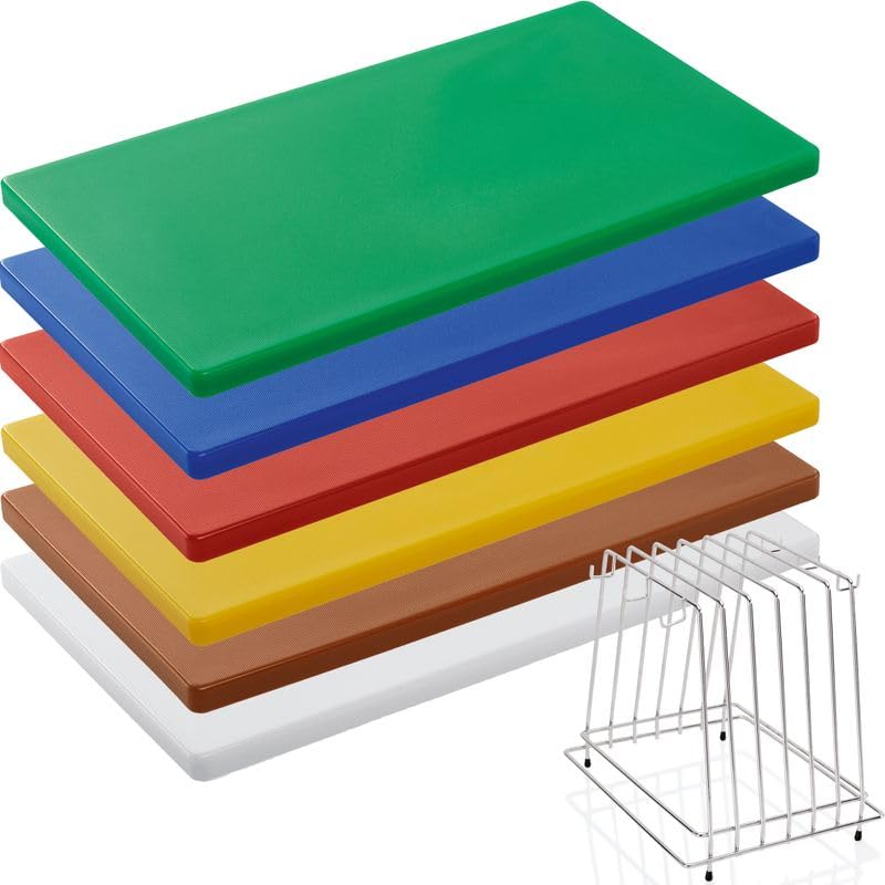 6 tablas de cortar HACCP de 50 x 30 x 2 cm de polietileno amarillo, verde, azul, rojo, marrón, blanco + soporte para tabla de cortar