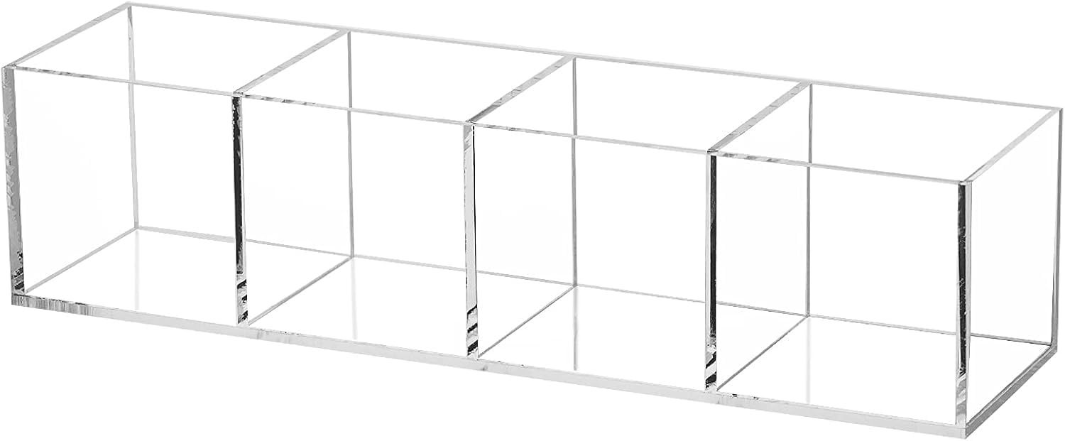 FANASSYY Bathroom Drawer Organizer – Makeup Brush Organizer for Dresser, Vanity, and Makeup Storage, Clear Acrylic Storage Stationery Organizer with 4 Long Compartments, Pen Holder, and Pencil Holder