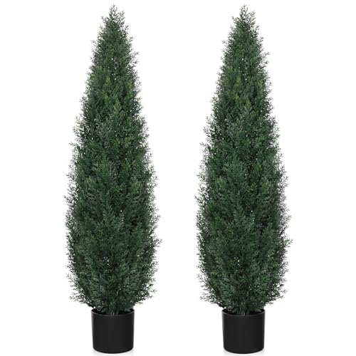 Artificial Cedar Topiary Trees for Outdoors, 4FT UV Resistant Faux Potted Cypress Plants, Set of 2 Realistic Fake Potted Topiary Plants for Home Porch, Garden, and Entryway Decor