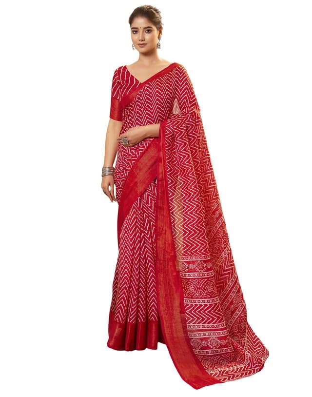 siril Women's Cotton Blend | Geometric Printed Saree | Zari Stripe Border Saree With Unstitched Blouse Piece (3774S176A_Red)-picture-11