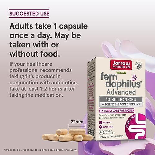 Image of Jarrow Formulas Fem-Dophilus Advanced Probiotics 10 Billion CFU with 6 Science-Backed Strains, for Vaginal, Urinary Tract, Digestive, and Immune Support, 30 Veggie Capsules, Shelf-Stable, Pack of 12