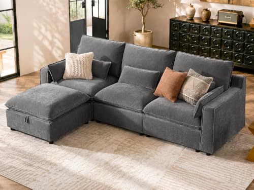 Image of WorthFurni Modern Modular Sectional Sofa,103 inch L Shape Minimalist Couch with Storage Ottoman,Comfty 4 Seat Sofa for Living Room,Grey Chenille