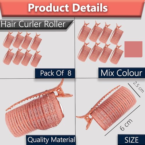 Image of TEMPERIA (8 pcs) Heatless Hair Curler Roller with Clips for Women - Premium Velcro Rollers for Curling Hair - Lightweight and Portable No Heat Hair Curl Tools (Random Colors)