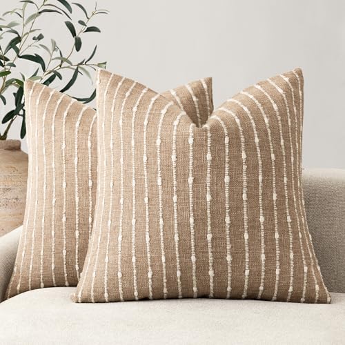 Image of Foindtower Pack of 2 Decorative Jacquard Boucle Throw Pillow Covers Accent Textured Striped Pillowcases Cozy Modern Cushion for Couch Sofa Bedroom Living Room Home Decor 18x18 Inch Camel