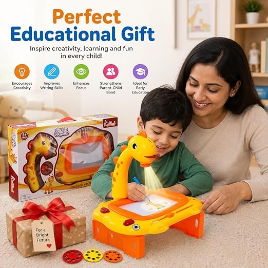 Image of Braintastic Giraffe Design Drawing Projector Table, Battery Operated, 3 Discs with 24 Patterns, Multicolor, for Kids