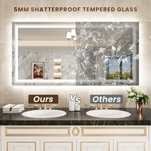 Image of WTTY LED Bathroom Mirror 60 inchx30 inch with RGB Backlit and Front Light,Stepless Dimmable LED Mirror for Bathroom,Colored Lighted Bathroom Vanity Mirror,Anti-Fog,Memory Function,Shatter-Proof