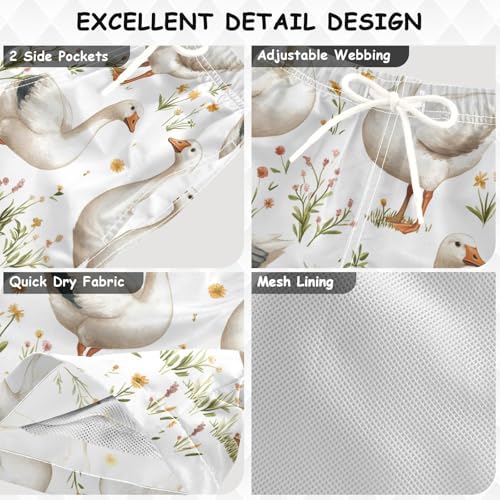 Pigsaly Boys' Swim Board Shorts Spring Flowers White Geese Goose Boy's Swim Trunks Kids Swimwear 2T3