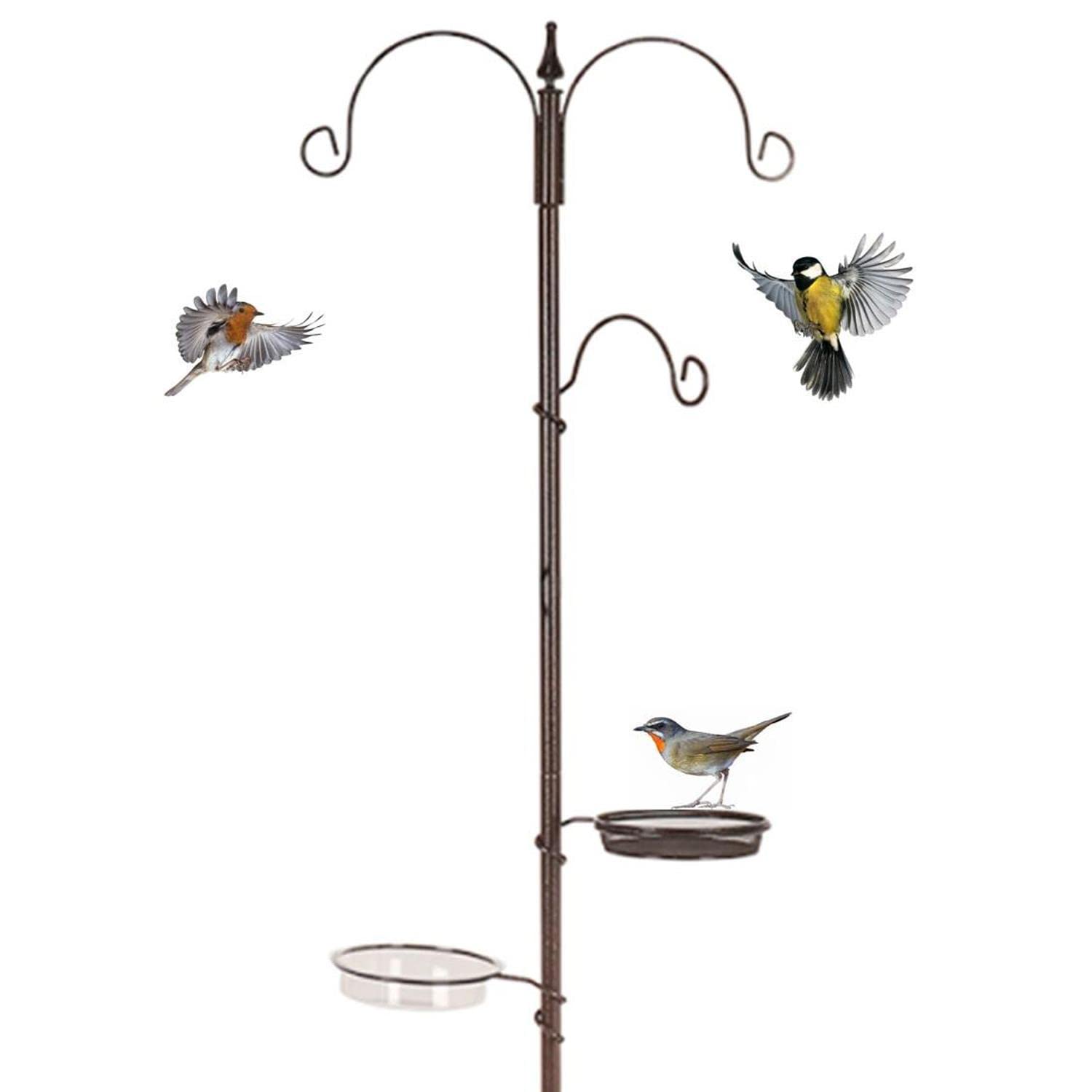 Livingshire 1.9m Traditional Bird Feeding Station | Wild Bird Feeder Pole with Water Bath Tray & Mesh Tray | 3-Hook Hanging Kit | Bronze | Metal Bird Feeding Station for Attracting Wild Birds