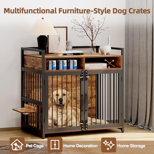 Hundekäfig Möbel, 123 x 76 x 110cm Hundebox Zuhause mit 2 Türen 2 Schubladen 1 Arbeitsplatte, Hundegitter mit Schwenkbaren Hundenäpfe, Hundehütte, Dekorative Haustierkiste für den Innenbereich