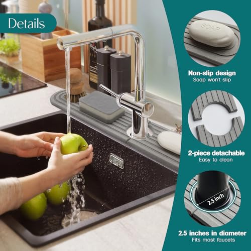 Image of eormoe Kitchen Faucet Mat - Diatomite Splash Guard for Sink, Quick-Drying Water Absorbing Stone Tray [Grey, 23.6 inch x 3.9 inch], Includes Sandpaper