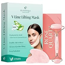 PLANTIFIQUE Rose Quartz Roller and Gua Sha Set and V-Line Double Chin Mask 5 PCS with Hyaluronic Acid