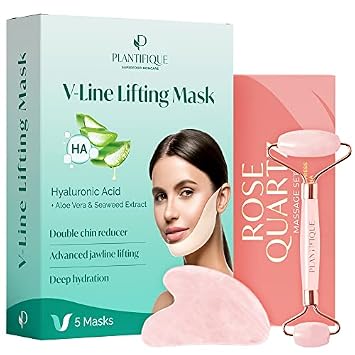 PLANTIFIQUE Rose Quartz Roller and Gua Sha Set and V-Line Double Chin Mask 5 PCS with Hyaluronic Acid