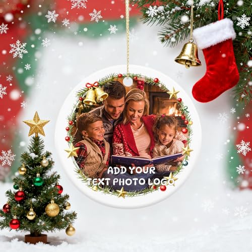 Image of Customizable Photo Patterns and Text Round Ceramic Christmas Tree Ornaments,Double-Sided Printing,Xmas Decorative Hanging Ornaments, Christmas Decor Indoor Home Holiday Party Gifts (Christmas Border)