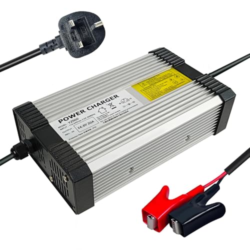 14.6V 20A Lifepo4 Battery Charger for 12V Lithium Iron Phosphate Battery Charger, Intelligent and Fast Charging for Large Electric Vehicles with Alligator Clip Connector, Universal Mobile Charging