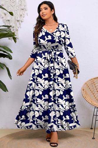 Image of Runwind Plus Size Maxi Dresses - 3 /4 Sleeve V Neck Long Dress for Women (XL-6XL)