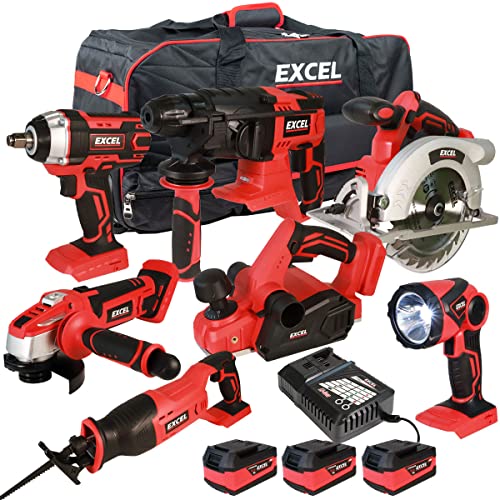 Excel 18V Li-ion 7 Piece Cordless Power Tool Kit with 3 x 5.0Ah Batteries & Charger EXL10207- Monster Power Tool Kit- Combo Kit- 18V Cordless Power Tool Kits- Mega Power Tool- Excel kit