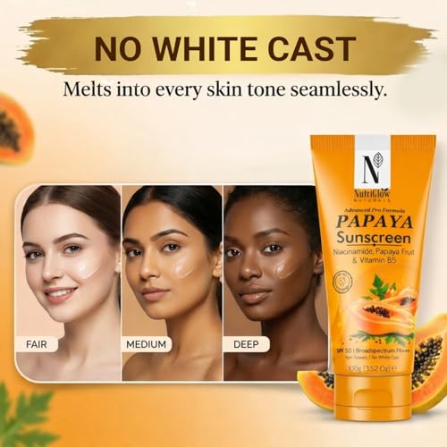 Image of NutriGlow Naturals Papaya Sunscreen SPF 50 PA+++ | No White Cast, Non-Greasy | Broad Spectrum UVA /UVB & Blue Light Protection | With Niacinamide & Vitamin B5 | For Men & Women | All Skin Types | 100g (Pack of 2)