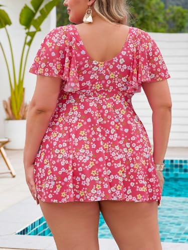 MakeMeChic Women's Plus Size 2 Piece Swimsuit Floral Flutter Sleeve Swim Top with Bikini Bottom Bathing Suits Set Hot Pink 2XL - Image 2