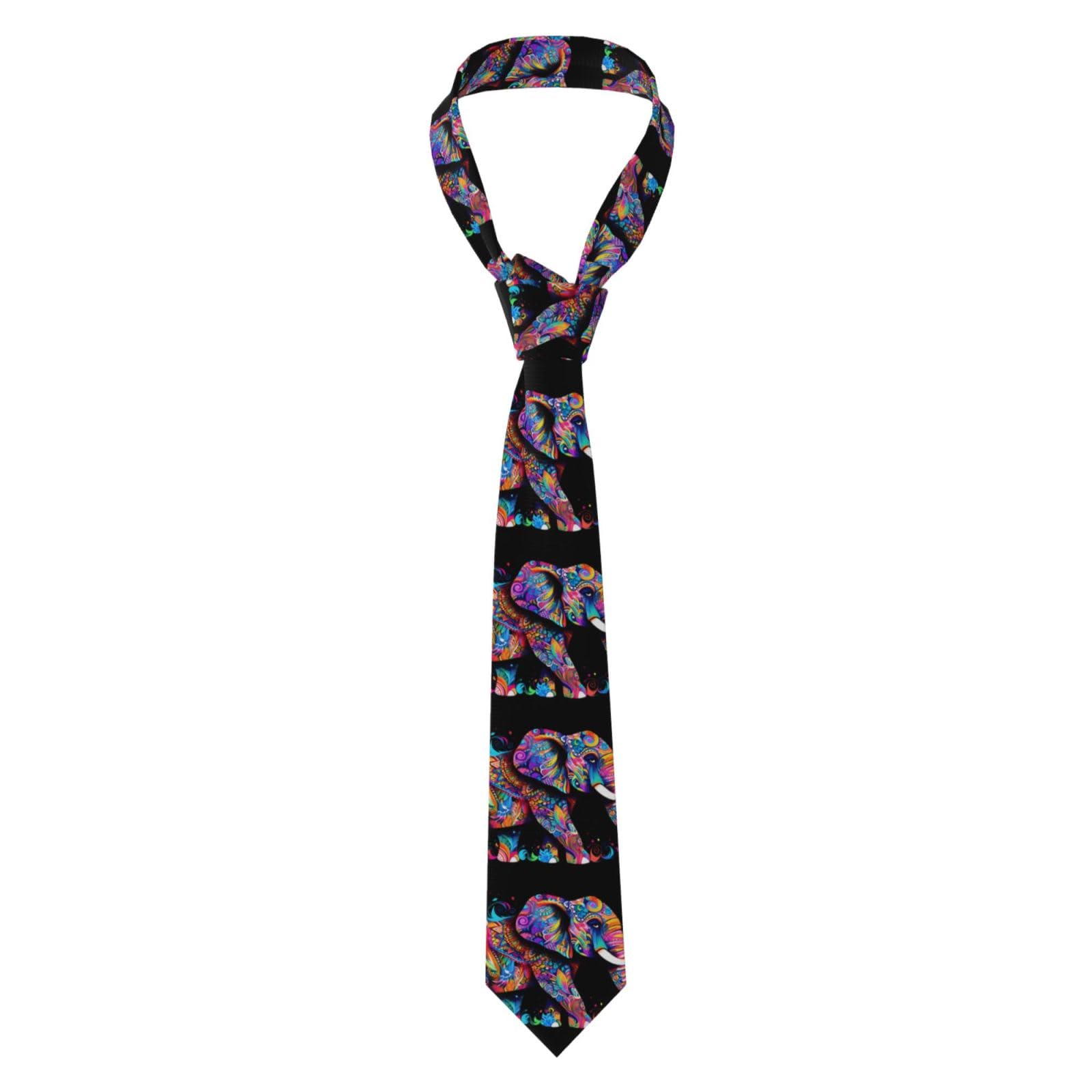 Qqoupp Men's Black Necktie Tie Colorful Elephant Pattern Soft And Comfortable, Non-Deforming, Fade-Resistant, Flat And Crisp