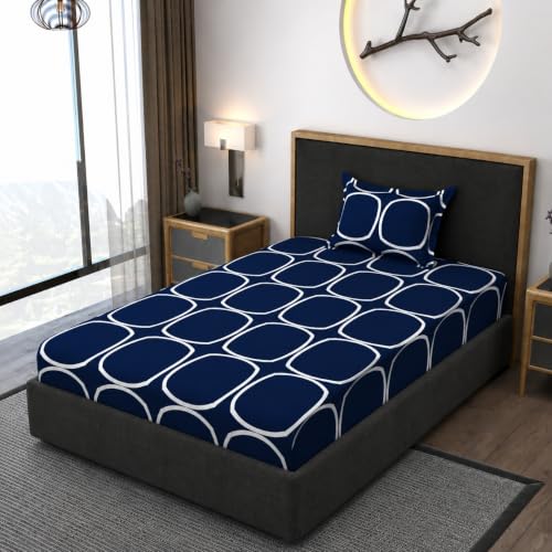 Image of Vaini Premium Heavy Cotton Elastic Fitted Bedsheets with 1 King Size Pillow Covers || Single Bed with All Around Elastic 350 TC || 36 x 78 x 6 Inch Single Size Fitted || :- Blue Round