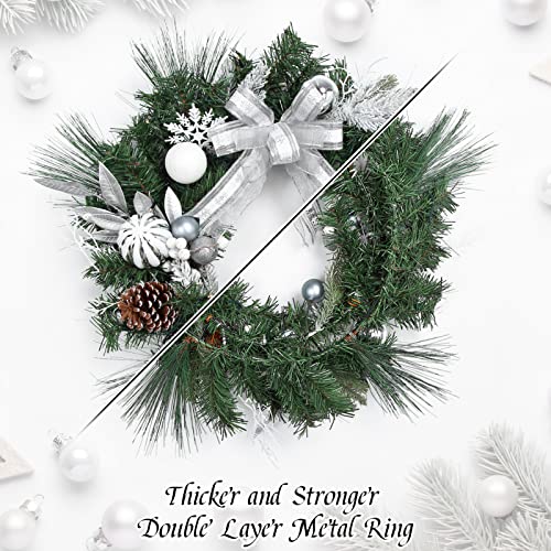 Lintimes 24" Prelit Christmas Wreath With Lights, Battery Operated Xmas Garland With Silver White Ball Bows Decorations, Wreath For Front Door Porch Wall Window Outdoor Home Holiday Accent #TOP2