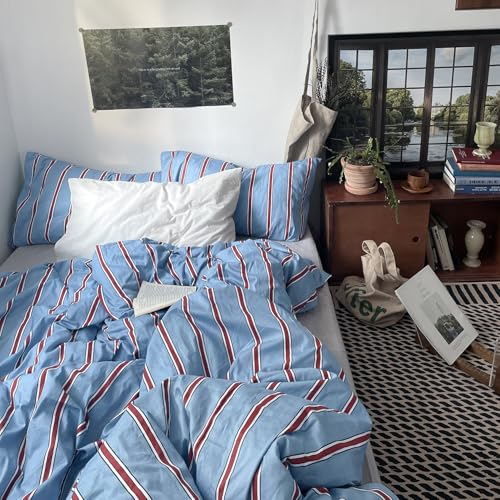 Image of mixinni Vintage Striped Blue Duvet Cover Full - 100% Cotton Red Stripes 3-Piece Bedding Duvet Cover Set with Zipper Closure, Soft & Breathable Retro Design for All Seasons (Full Size)