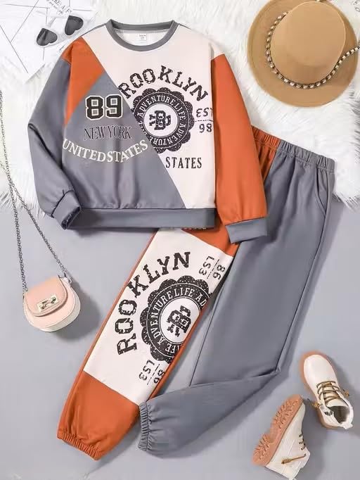 Boys Brooklyn Printed Sweatshirt and Track Pants Set, Grey and Orange, Cotton, Long Sleeves, Regular Fit, Kids-image-2