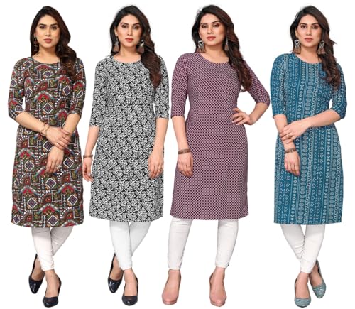 Image of JAKHANA Women's Crepe Printed Casual Straight Calf Length Round Nick Kurta Pack of 4
