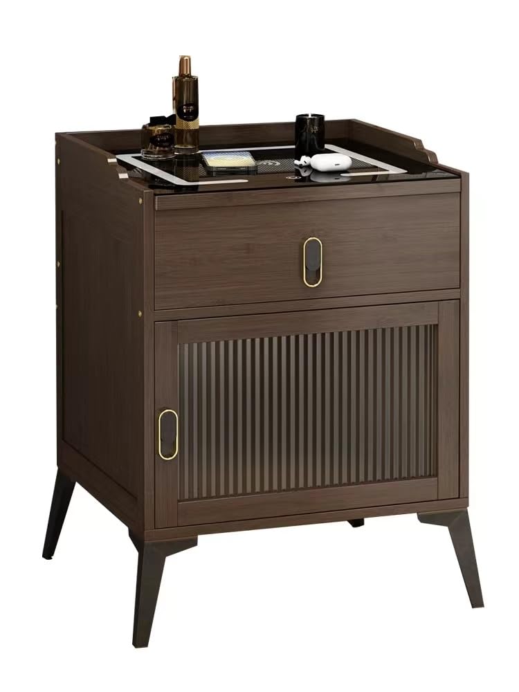 Smart LED Nightstand with Wireless Charging Station with USB Ports Modern Bedside Table, Tables with Drawer and Shelf Night Stand End with Storage Drawer Dresser for Bedroom Living Room (Walnut Color)
