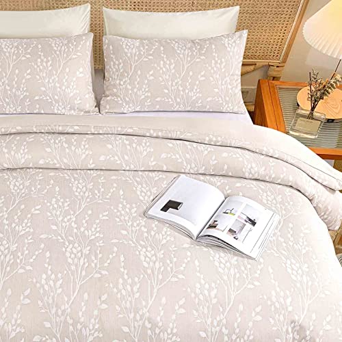 Nanko Beige Queen Size Duvet Cover Set, Luxury Luxurious Tufted Tree Branch Floral Pattern Microfiber Down Comforter Quilt Bedding Cover With Zipper Ties - Farmhouse For Men And Women, 3Pc 88X90 Tan #TOP4