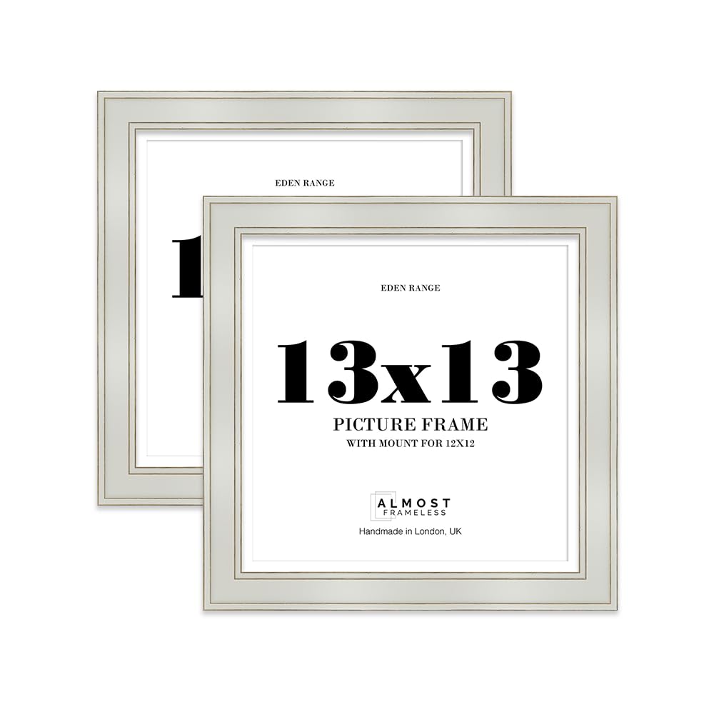 13x13" Light Grey Square Picture Frame with 12x12" Mount - Shabby Chic Photo Frame with Distressed Finish, Gold Trim, Wall Hooks, 37mm Edge - 2 Pack
