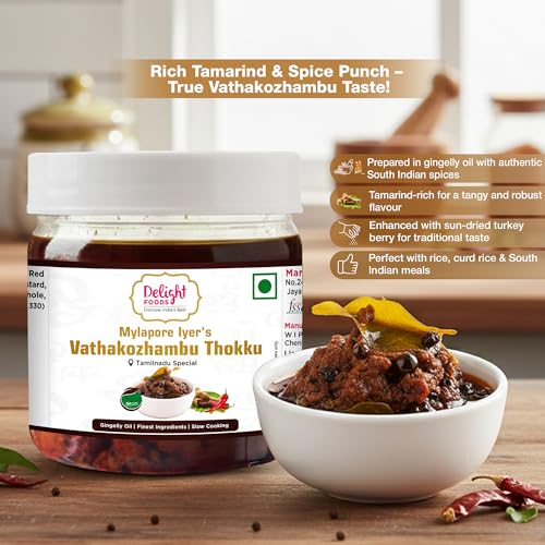 Image of Delight Foods Mylapore Iyer's Vathakozhambu Thokku 300g - Rice Mix | Homemade Recipe made with gingelly /Sesame oil | Tamarind Paste /Vathal Kuzhambu Mix | Tamil Nadu Special | NO PRESERVATIVES