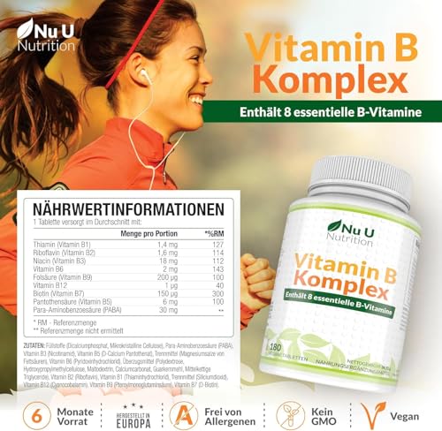 Vitamin B Komplex - 180 Vegan Tabletten - Alle 8 B Vitamine in einer Tablette - 6 Monate - Vitamine B1, B2, B3, B5, B6, B12, Biotin & Folsäure - Nahrungsergänzungsmittel von Nu U Nutrition