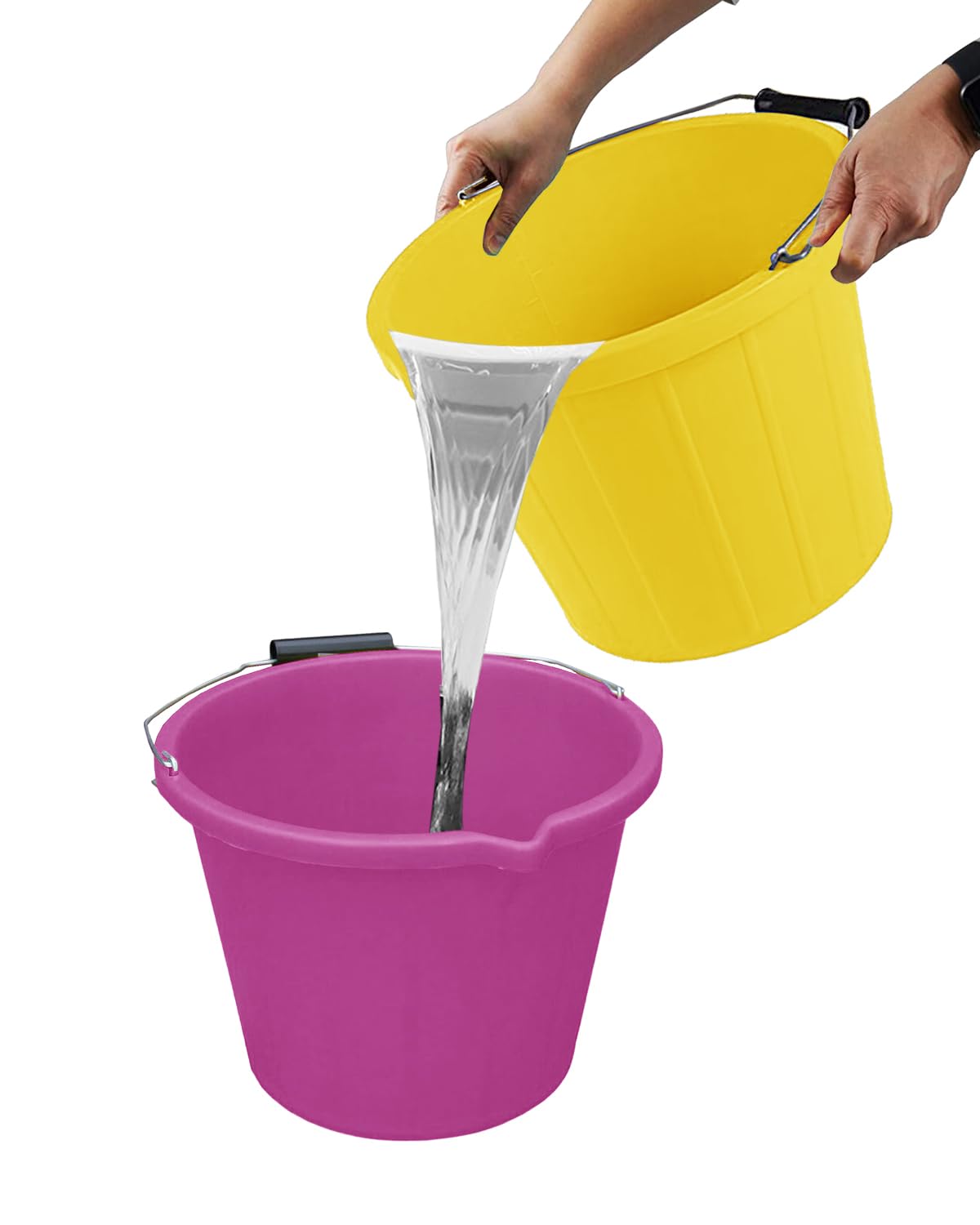 M1ss Pink+Yellow (Set Of 2) 3 Gallon Builder Bucket 14L Litre Grip Handle Heavy Duty Plastic Large Spout Measuring Guide Multipurpose Water Bucket For Cleaning, Bath, Gardening, Fishing, Paint Storage (Pink+Yellow)