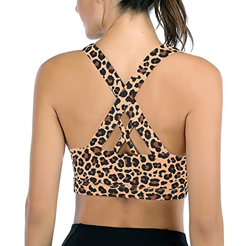 Image of Sports Bras for Women High Impact Support for Yoga Gym Running Workout Fitness Strappy Sports Bra with Padded Removable Cups, Yellow Leopard Print, X-Large