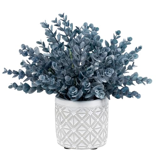 MyGift Artificial Eucalyptus Plant in Modern Gray Concrete Pots with Geometric Embossed Pattern (1, Blue)
