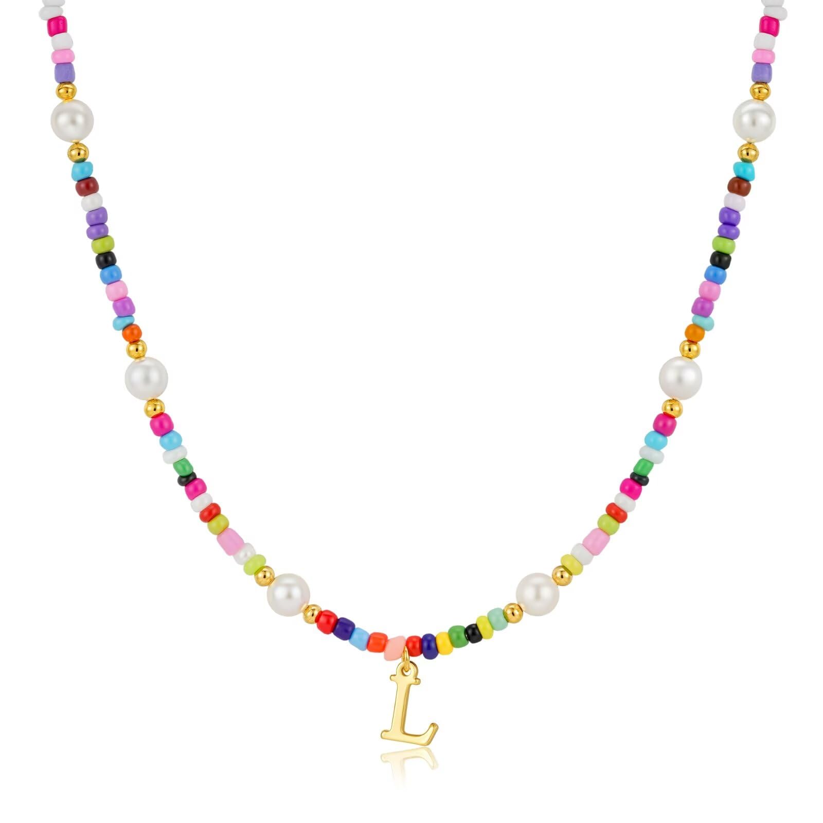 M MOOHAM Mothers Day Gifts for Kids Teen Girls - Colorful Initial Necklaces for Girls Women Kids Teens Toddlers Jewelry, Beaded Pearl Choker Necklace