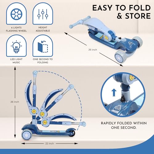 Image of 3-in-1 Convertible & Foldable Kids Kick Scooter for 3-14 Years Old Kids with 4 Level Height Adjustable Handle | LED PU Flashing Wheels | Light & Music Deck with Brake | Weight Capacity 100 kg